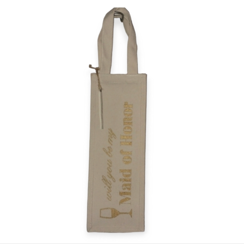 WI· NEW • Canvas Wedding Jute Maid of Honor Wine Bag Gift Bag Gold WINEGLASS